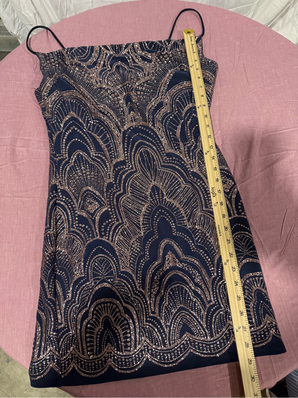 Navy blue with rose gold glittered wave pattern mini dress
